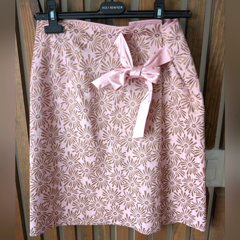 Tara Jarmon Pink & Gold Floral Skirt with Bow - US6